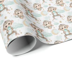 Monkey Cute Baby Pastel Watercolor Pattern Wrapping Paper