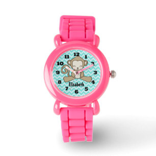 Monkey Cute & Kawaii On Blue Chevron Personalised Watch
