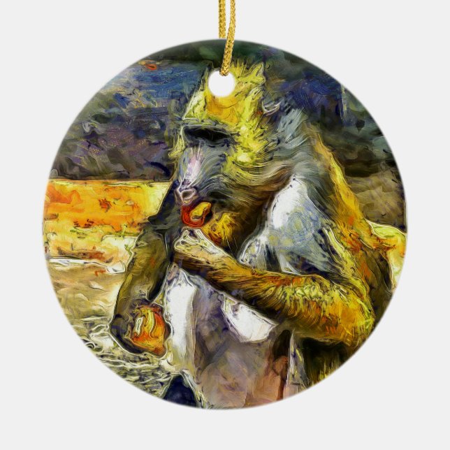 Monkey eating ceramic tree decoration (Front)