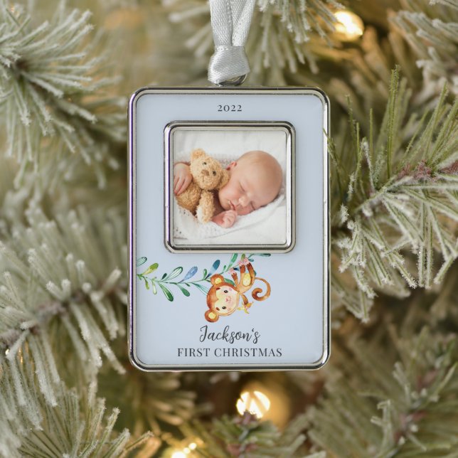 Monkey First Christmas Photo Christmas Silver Plated Framed Ornament (Tree)