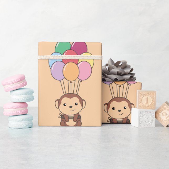 Monkey Flies Up With Colourful Balloons Card Wrapping Paper (Baby Shower)
