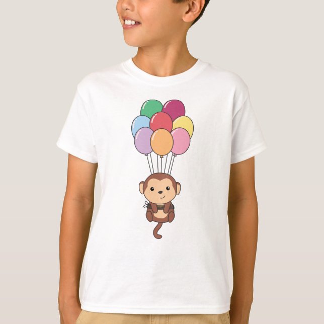 Monkey Flies Up With Colourful Balloons T-Shirt (Front)