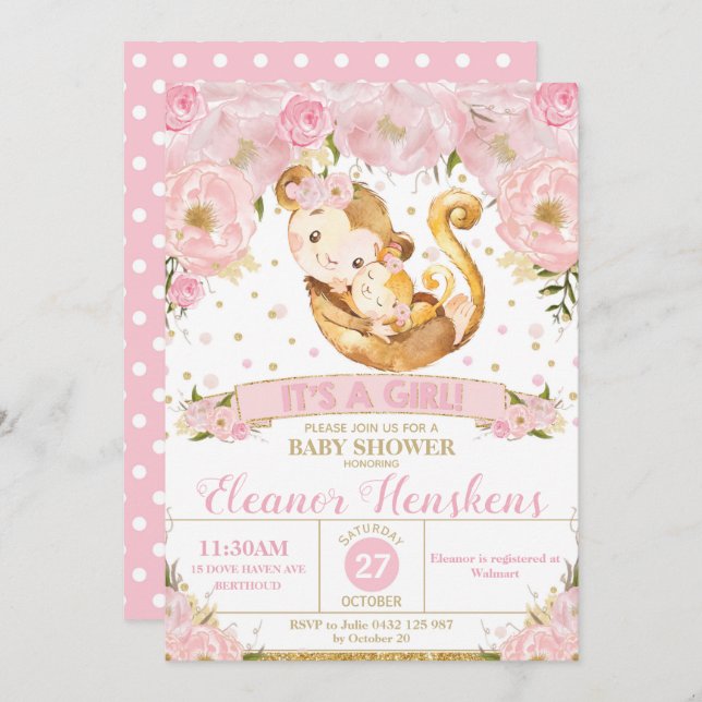 Monkey Floral Baby Shower Invitation Girl (Front/Back)
