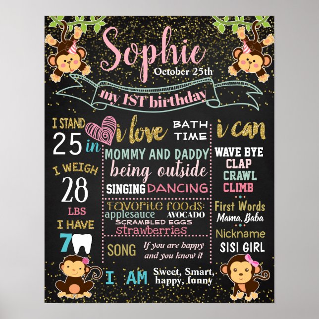 Monkey Girl First birthday chalkboard sign (Front)