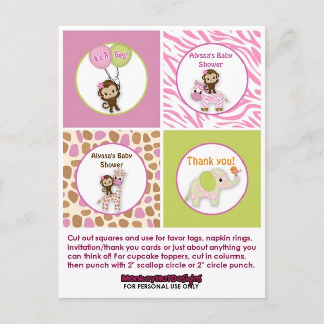 MONKEY Girl Jungle Baby Shower Cupcake Topper JJ Postcard (Front)