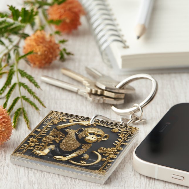 Monkey gold and black ornamental frame key ring (Front Right)