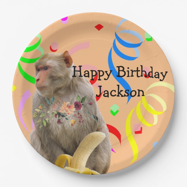 Monkey Happy Birthday Paper Plates (Front)