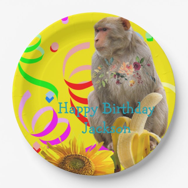 Monkey Happy Birthday Paper Plates (Front)