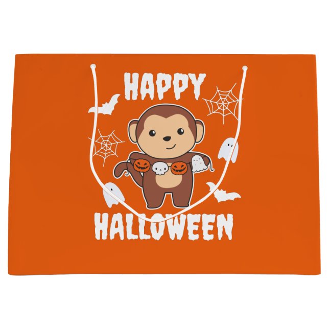 Monkey Happy Halloween Pumpkin Bat Costume Large Gift Bag (Front)