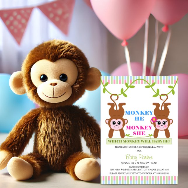 Monkey He Monkey She Gender Reveal Party Invitation (Cute monkey he and she gender reveal party invitation.)
