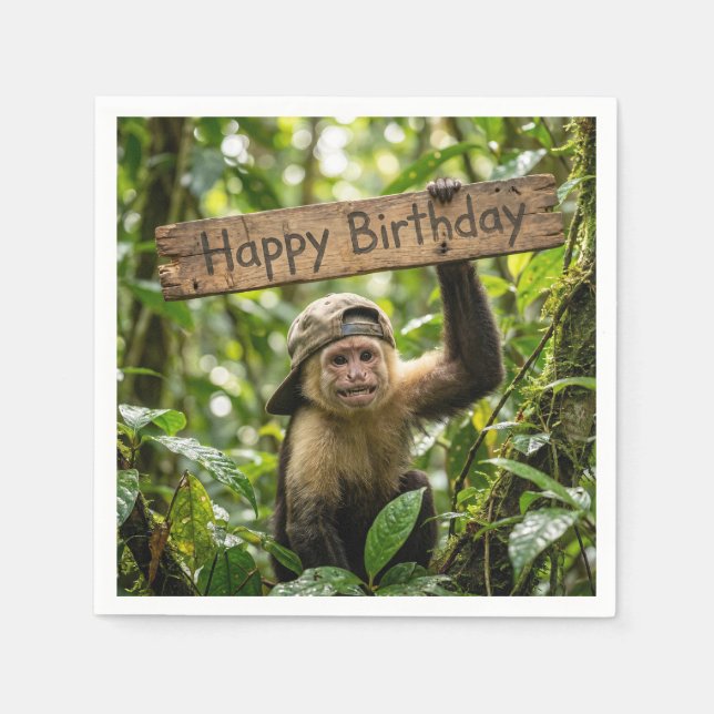 Monkey Holding a Happy Birthday Sign Napkin (Front)