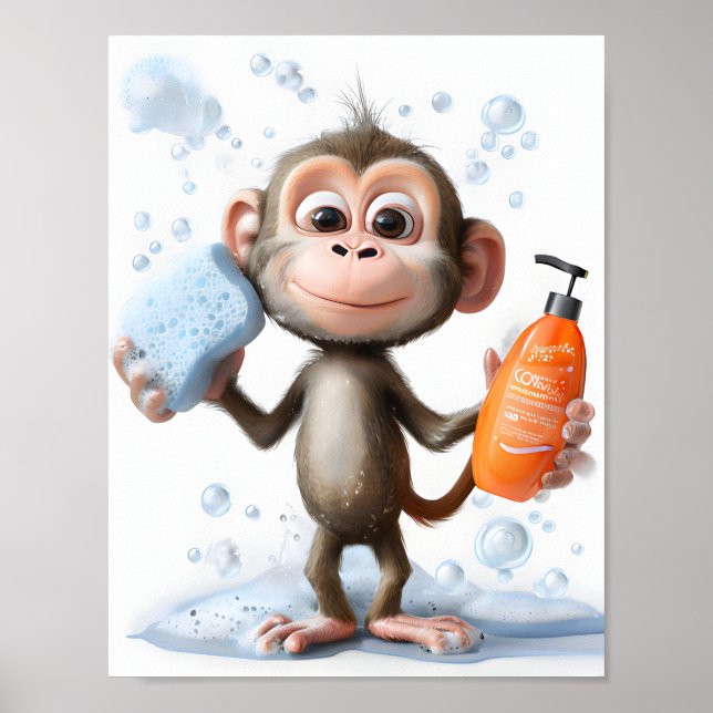 Monkey Illustration, Funny Bathroom Art,  Playful Poster (Front)