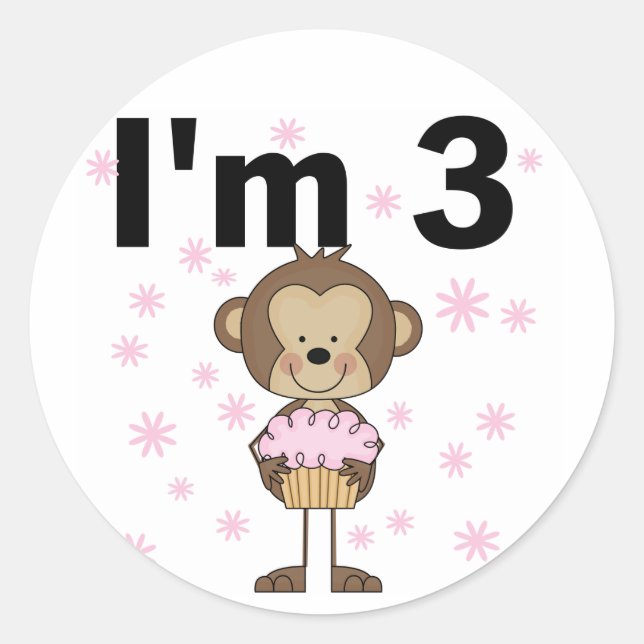 Monkey I'm 3 Birthday Tshirts and Gifts Classic Round Sticker (Front)
