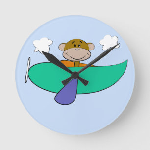 Monkey in Colourful Aeroplane Round Clock