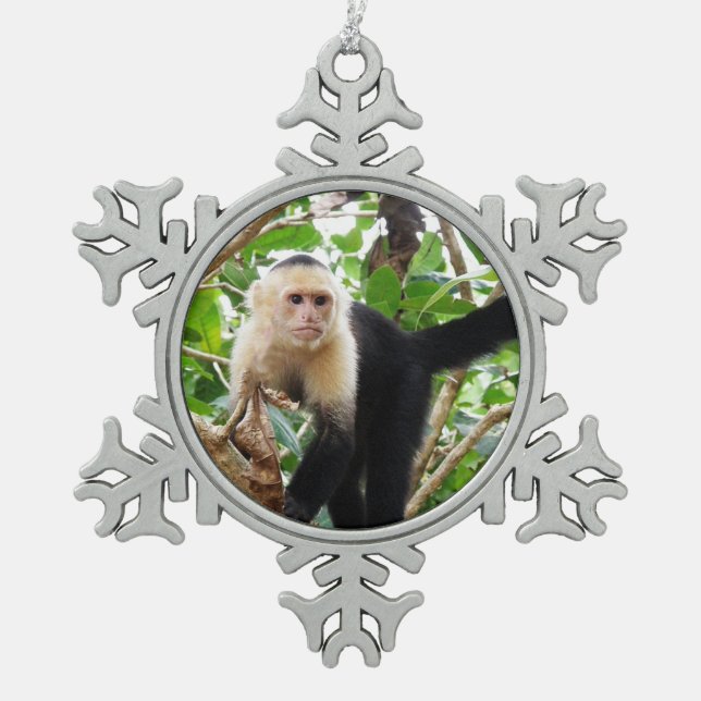 Monkey in Costa Rica Snowflake Pewter Christmas Ornament (Front)