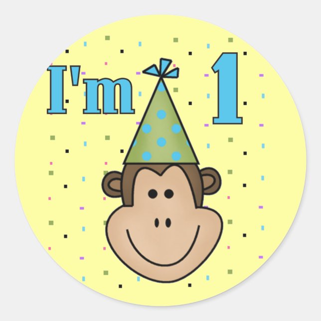 Monkey in Party Hat 1st Birthday Tshirts Classic Round Sticker (Front)