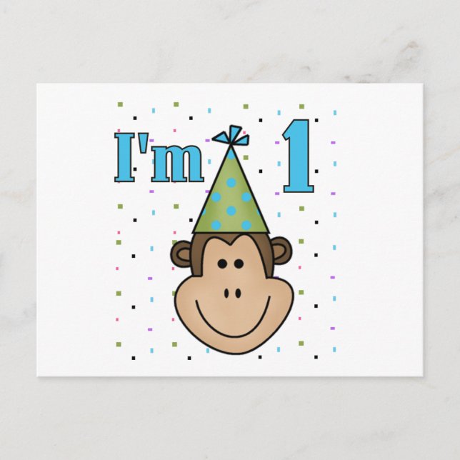 Monkey in Party Hat 1st Birthday Tshirts Invitation Postcard (Front)