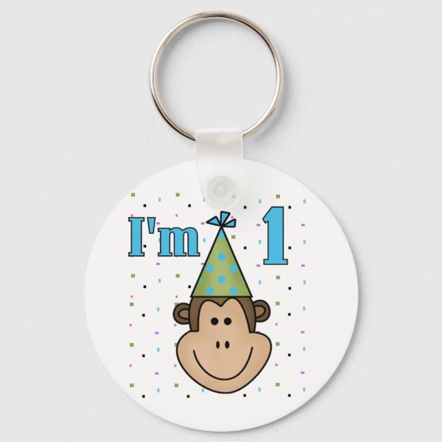 Monkey in Party Hat 1st Birthday Tshirts Key Ring (Front)