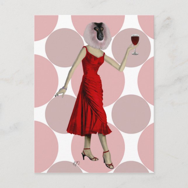 Monkey in Red Dress with wine Postcard (Front)