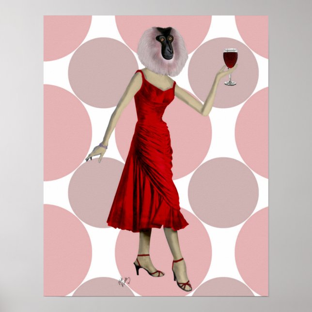 Monkey in Red Dress with wine Poster (Front)