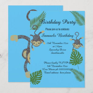 MONKEY JUNGLE BLUE CHILDRENS BIRTHDAY INVITATION