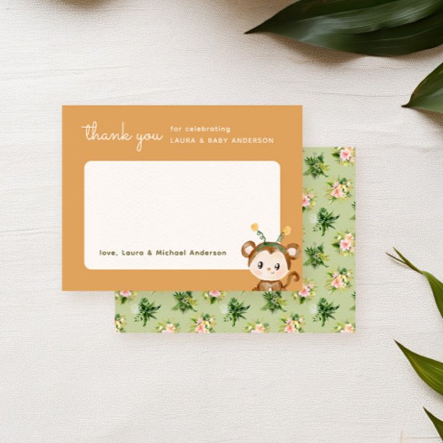 Monkey Jungle Tropical Baby Shower Thank You Card (Thank you card for a safari baby shower party featuring a cute monkey and tropical botanicals)