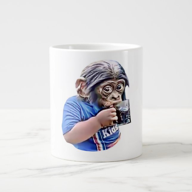 Monkey Kid Drinking Cute Funny Meme Large Coffee Mug (Front)