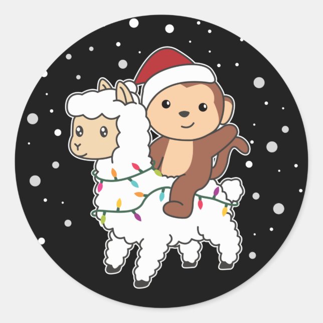 Monkey Lama Christmas Snow Winter Animals Classic  Round Sticker (Front)