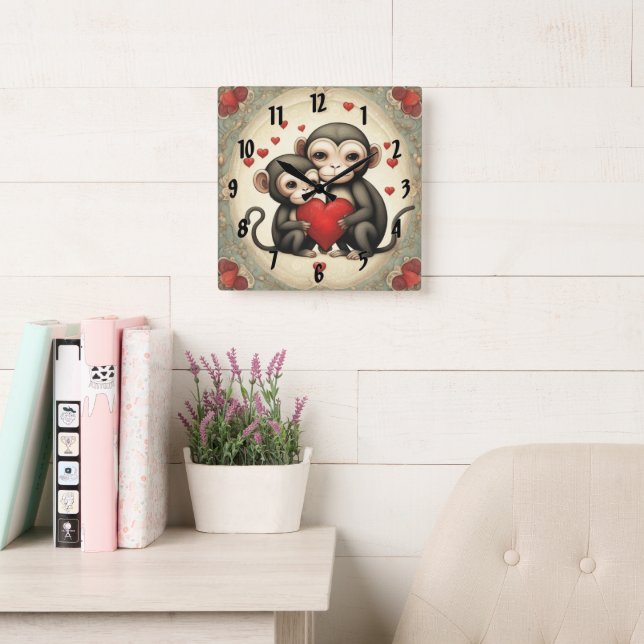 Monkey Love Square Wall Clock (Reading Room)