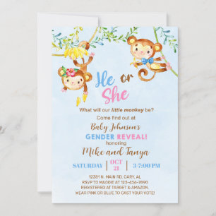Monkey, monkeys gender reveal invitation. invitation