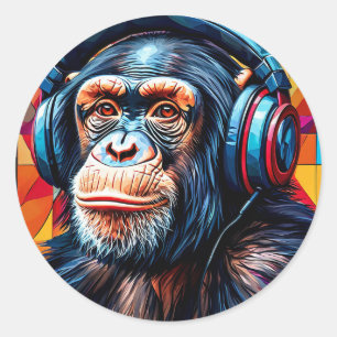 🐵 Monkey Music Lover Gift For Animal Headphone Classic Round Sticker