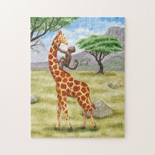 Monkey on a giraffe's back safari landscape jigsaw puzzle (Vertical)