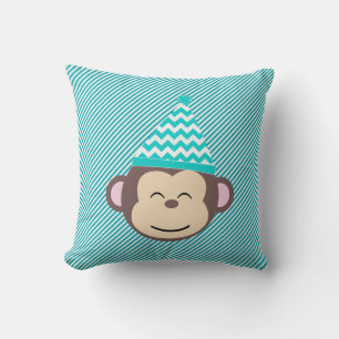 Monkey on Blue Diagonal Stripe Throw Pillow