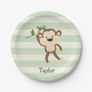 Monkey on Pastel Green Stripes Paper Plate