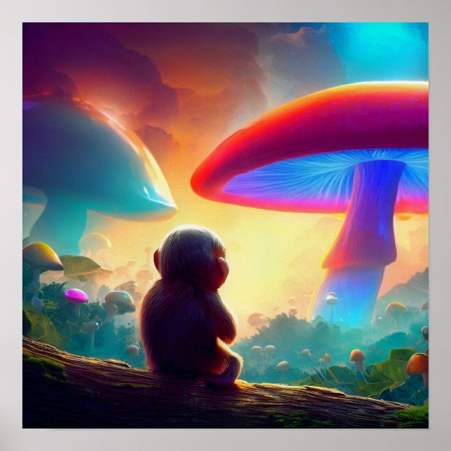 Monkey overlooking Mushroom Landscape Poster (Front)