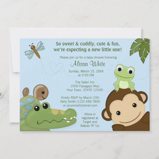 MONKEY Papagayo Baby Shower invitation blue PML-B (Front)