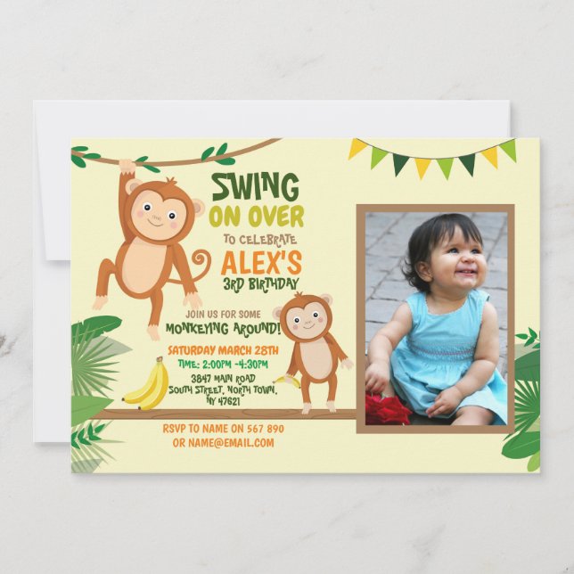 Monkey Party Birthday Swing Photo Yellow Invitation (Front)