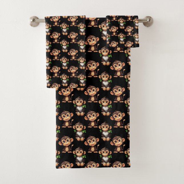 Monkey Pattern Design Black  Bath Towel Set (Insitu)