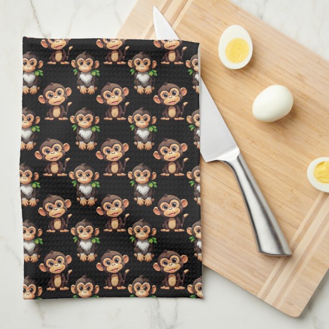 Monkey Pattern Design Black  Tea Towel (Quarter Fold)