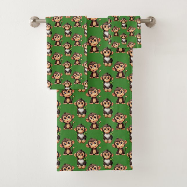 Monkey Pattern Design Green  Bath Towel Set (Insitu)