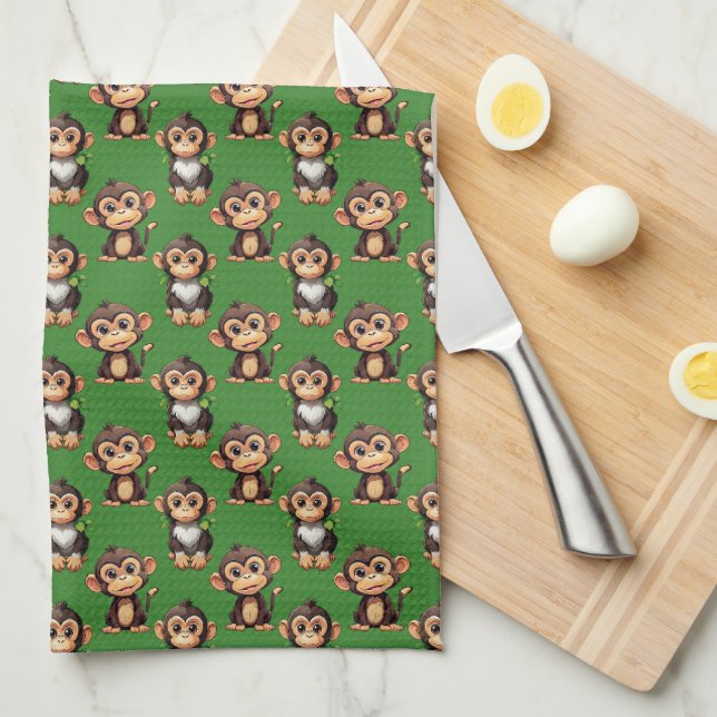 Monkey Pattern Design Green  Tea Towel (Quarter Fold)