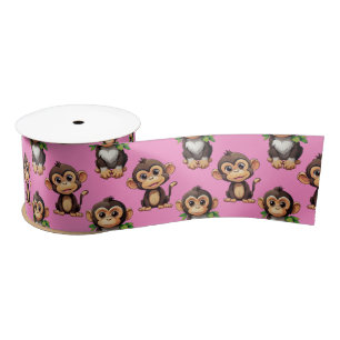Monkey Pattern Design Pink Satin Ribbon