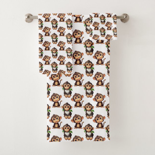 Monkey Pattern Design White  Bath Towel Set (Insitu)