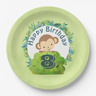 Monkey Peeking Out from Behind a Bush Birthday Paper Plate