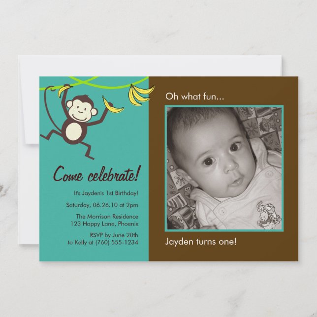 Monkey Photo Invitations, brown and teal Invitation (Front)