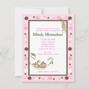 Monkey Pink Brown Girly Trendy Birthday 4.25 x 5.5 Invitation