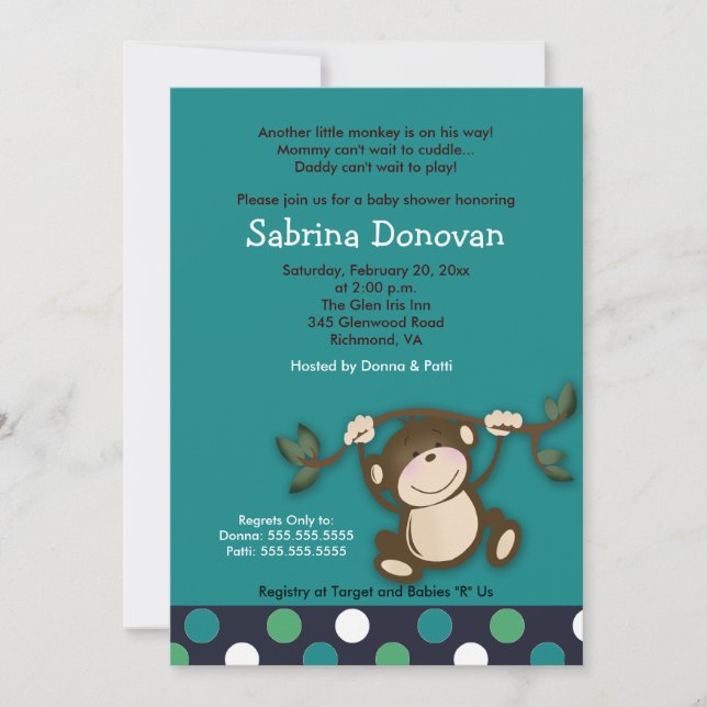 MONKEY PLAY 5x7 BLUE BOY BABY SHOWER Invitation (Front)