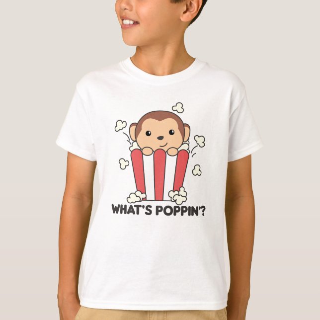 Monkey Popcorn Whats Poppin Funny Pun T-Shirt (Front)