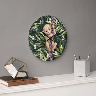 Monkey Purple Rope Green Leaves Large Clock