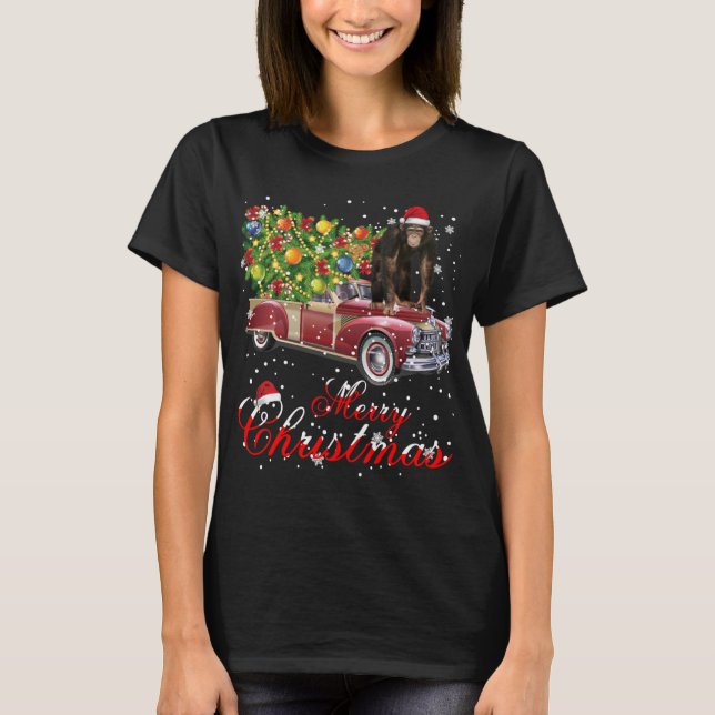Monkey Rides Red Truck Christmas Pajama T-Shirt (Front)
